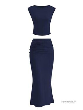 Two Piece Maxi Skirt Set Bodycon Crop Top Ruched Long Skirt Summer Outfit